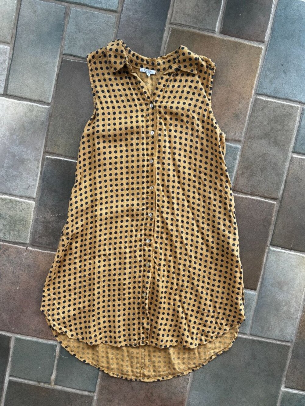 Polka Dot Sleeveless Button-Down High-Low Dress Mustard Yellow Navy Pockets - Picture 6 of 7